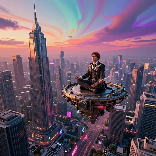 Digital artwork: A suited man with curly hair meditates on a floating circular platform above a neon-lit, futuristic cityscape at sunset.