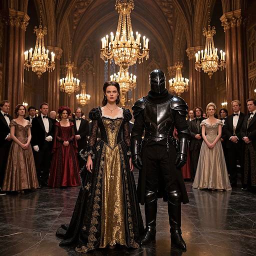 Photograph of a medieval-themed fashion runway in a grand, ornate hall with chandeliers. A woman in an elaborate black and gold gown walks