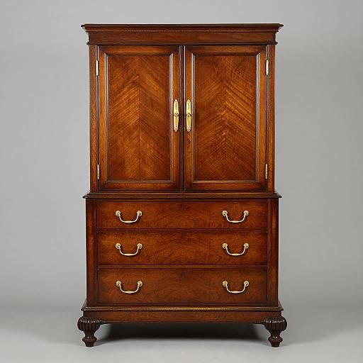 Photograph of a vintage wooden wardrobe with herringbone-patterned doors, brass handles, three drawers, and carved feet, against a plain gray background