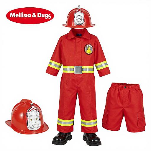 Photograph of a red firefighter costume set with helmet, shirt, pants, and black boots, labeled 