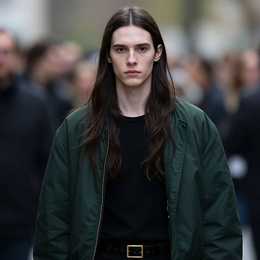 Photograph of a pale-skinned, long-haired woman with intense expression, wearing a dark green jacket over a black shirt, standing in a blurred,