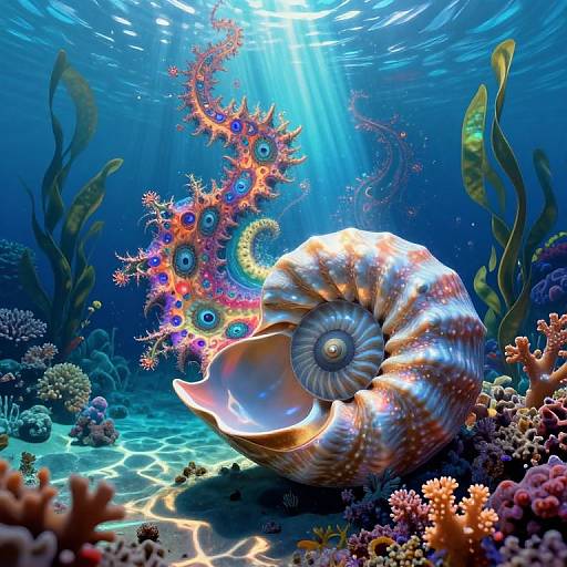 Vibrant underwater photograph of a glowing, spiral seashell with colorful, swirling coral and marine plants, bathed in sunlight.