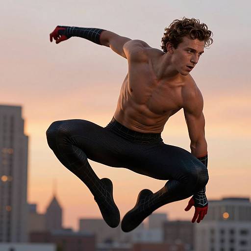 Photograph of a muscular, shirtless male superhero with curly brown hair, black pants, and wristbands, mid-air jump against a sunset cityscape
