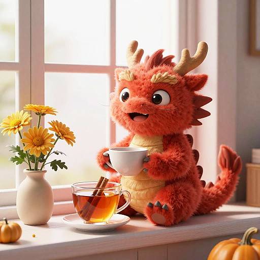 Whimsical Crimson Dragon Cozy Tea Time
