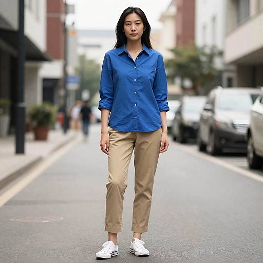 Woman in Blue Shirt and Khaki Pants