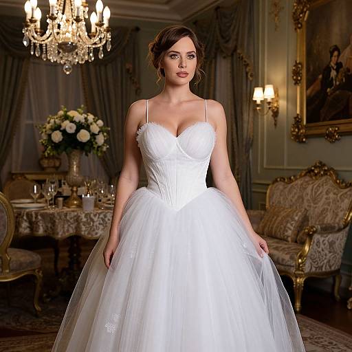 Photograph of a fair-skinned woman with brown hair in a white, strapless, lace bodice wedding gown, standing in an elegant, dim