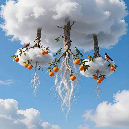 Digital artwork: Clouds with tree branches hanging, adorned with bright orange fruits and small birds, against a vibrant blue sky. White roots dangle from