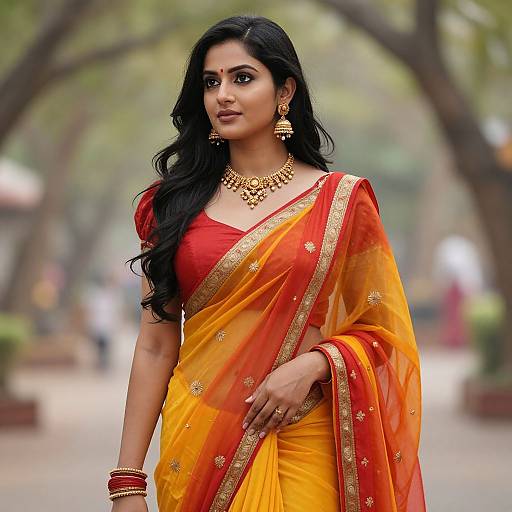 Photograph of a beautiful Indian woman with long black hair, wearing a vibrant yellow-orange saree with gold embroidery, red blouse, gold jewelry, and