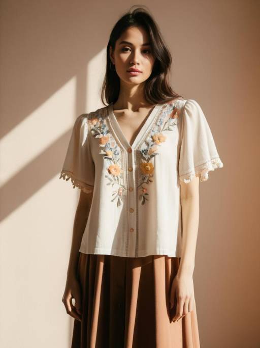 Woman in Sheer White Bohemian Top with Embroidery