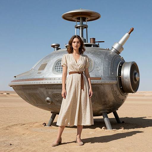 Photograph of a brunette woman in a cream, short-sleeved, patterned dress standing in front of a metallic, retro-futuristic spaceship