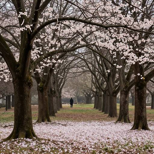 Photograph of a cherry blossom tree tunnel with pink flowers, dark trunks, and a lone person walking in the distance.