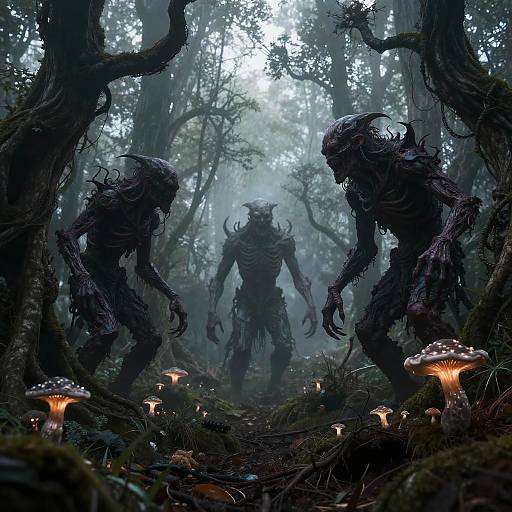 Digital fantasy artwork of three dark, twisted, horned creatures in a misty forest, surrounded by glowing mushrooms, with eerie, shadowy trees.