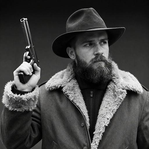 Serious Bearded Man with Pistol Portrait