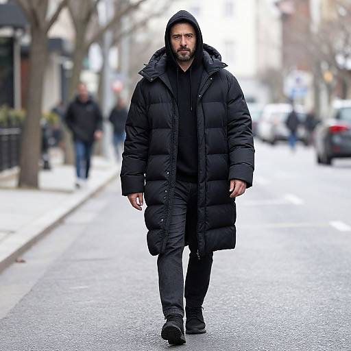 Photograph of a bearded man with a serious expression, wearing a black puffer coat, black hoodie, and pants, walking down a snowy urban
