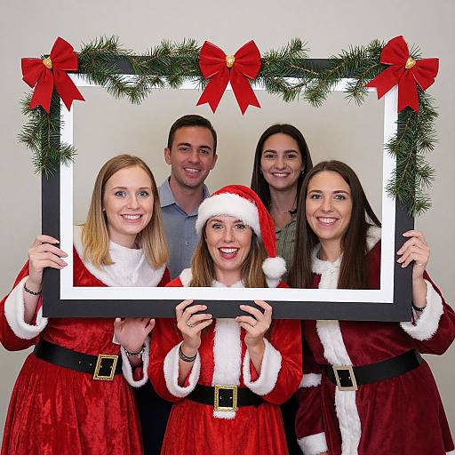 Photograph of four smiling people, two women in red Santa dresses holding a framed picture, flanked by two men in casual wear, with festive green