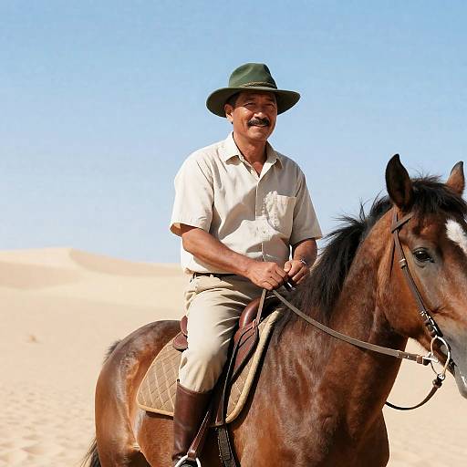 Middle-Aged Man Riding Horse in Desert