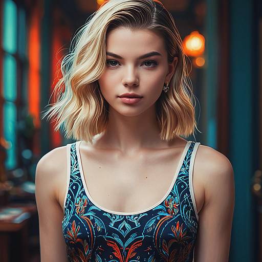 Blonde Woman in Floral Tank Top Portrait