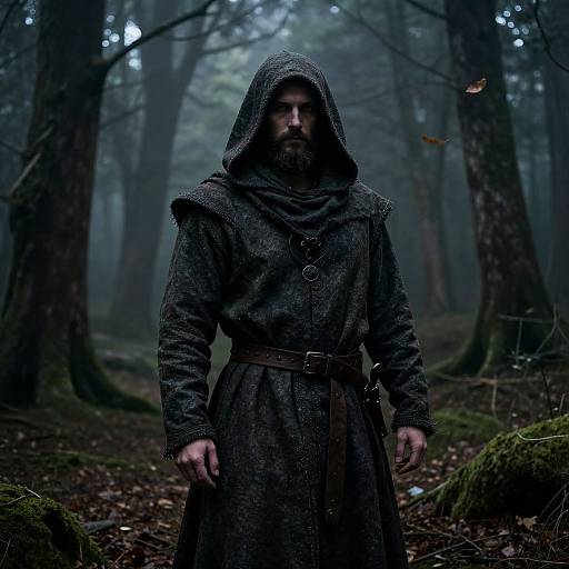Photograph of a bearded man in a dark, hooded, medieval-style robe with a belt, standing in a misty, dark forest.
