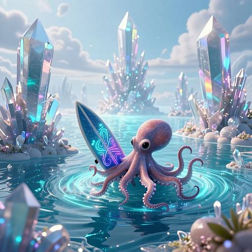 Surreal Crystal Seas with Neon Octopus