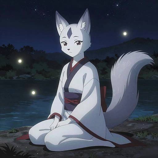 Digital anime-style drawing of a white-furred anthropomorphic fox girl in a traditional kimono, sitting by a moonlit lake at night.