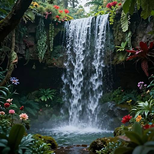 Photograph of a lush, tropical waterfall cascading into a misty pool surrounded by vibrant flowers, ferns, and dense greenery.