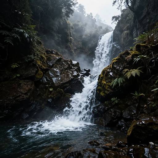 Photograph of a misty, cascading waterfall surrounded by dark, moss-covered rocks and lush, green foliage in a dense forest.