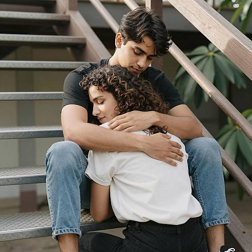 Couple Embracing on Outdoor Stairs