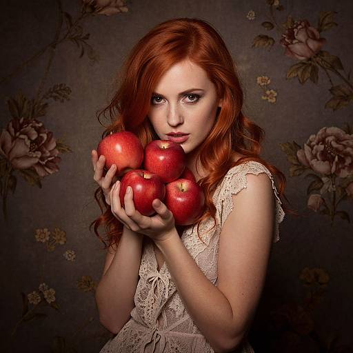 Photograph of a fair-skinned, red-haired woman with blue eyes, holding red apples, wearing a lace dress, against a floral-patterned dark