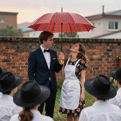Romantic Rainy Scene with Joyful Couple