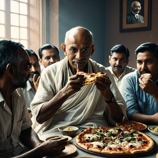 Mahatma Gandhi Eating Pizza with Independence Leaders