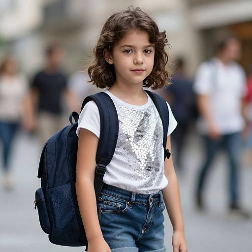 Photograph of a young girl with curly brown hair, wearing a white shirt, blue jeans, and a black backpack, walking in a blurred urban street