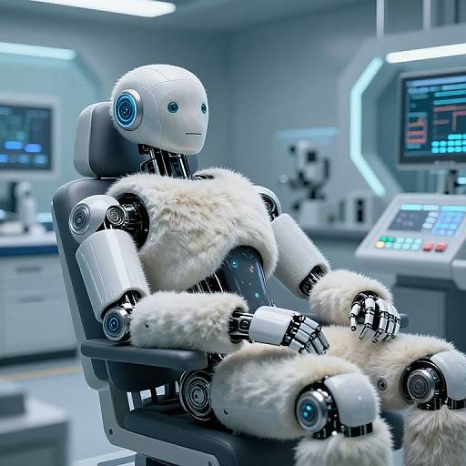 Photorealistic CGI of a white robotic humanoid with blue eyes, covered in fluffy white fur, reclining in a futuristic lab chair.