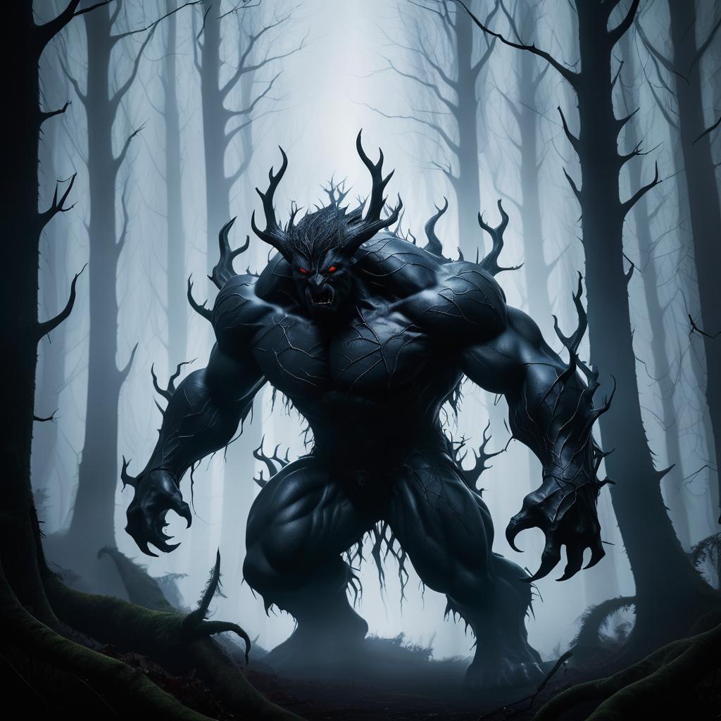 Eerie Hulking Beast in Foggy Forest