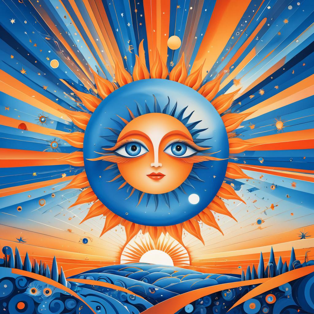 Whimsical Sun with Eyes in Surreal Landscape