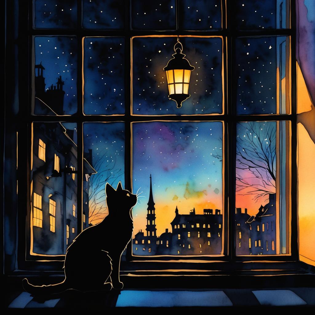 Whimsical Watercolor Cat Silhouette Art