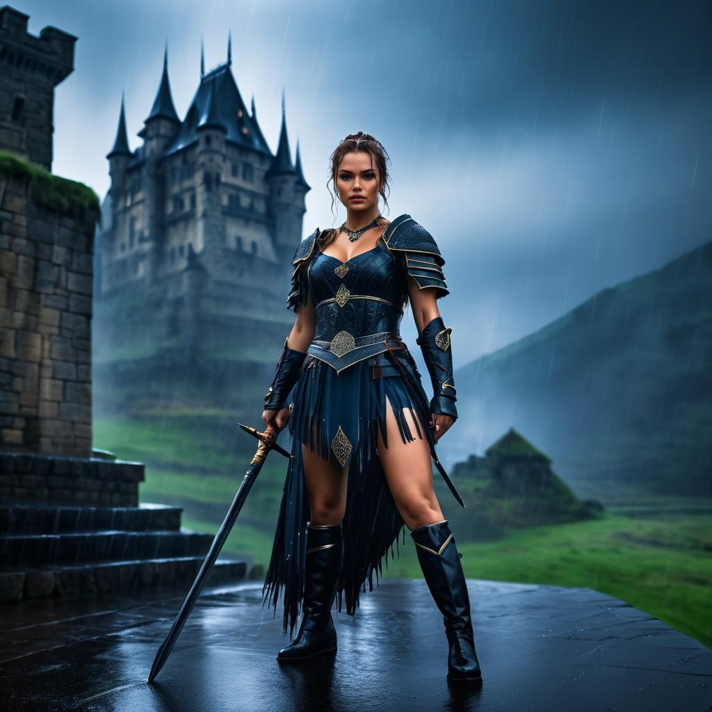 Warrior Princess in Rainy Castle Scene