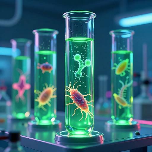 Photograph of glowing green test tubes with illuminated orange fish and green bacteria, set against a dark, neon-lit laboratory background.