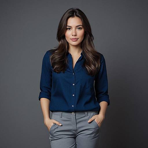 Young Woman in Navy Blue Shirt and Grey Pants