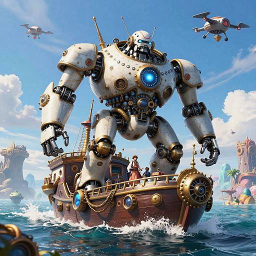 Digital art: Giant steampunk robot with glowing blue eyes and metallic joints on a wooden ship, splashing through blue ocean waves, with flying machines