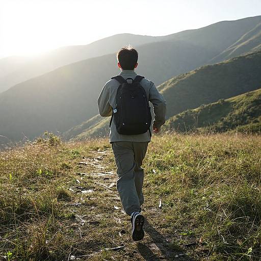 Photograph of a man with short dark hair, wearing a gray jacket, pants, and black backpack, walking away on a grassy mountain trail,