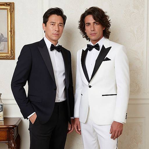 Photograph of two men in formal attire; one in black tuxedo, the other in white tuxedo with black lapels, standing in