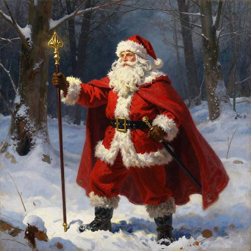 Painting of Santa Claus in a red cloak and hat, holding a golden staff, standing in a snowy forest. Realistic style.