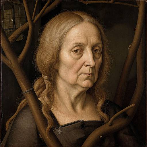 Photorealistic digital painting of an elderly woman with long, wavy, brown hair, fair skin, and a somber expression, framed by dark