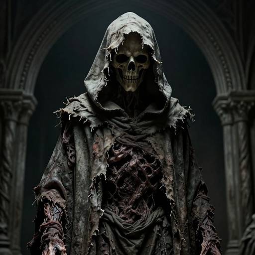 Digital artwork of a tattered, skeletal figure with a hooded, decayed cloak, standing in a dark, gothic archway.