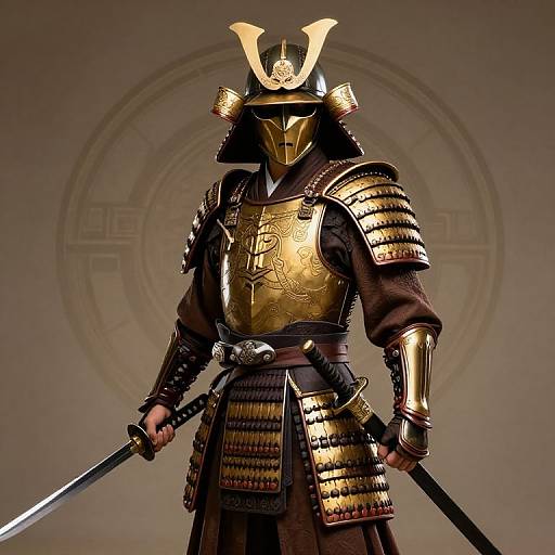 Photograph of a samurai warrior in full golden armor with a horned helmet, holding two swords, standing against a gray background.