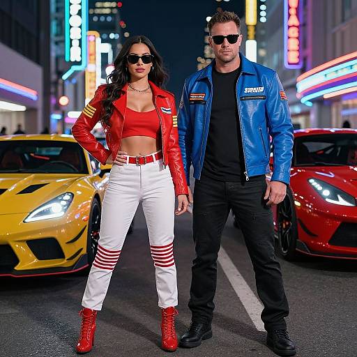 Photograph of a stylish couple in a neon-lit city street, she in a red leather jacket, white pants, and red boots, he in