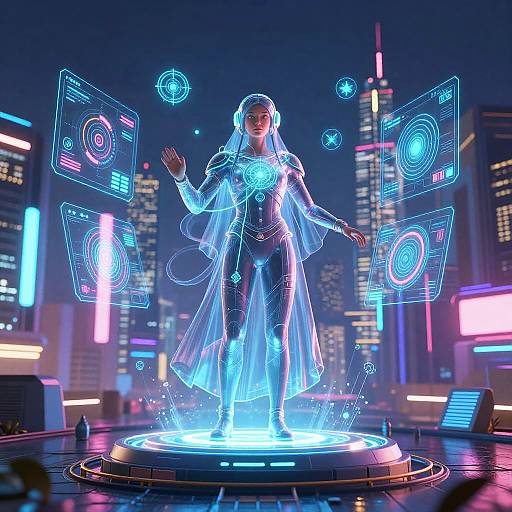 Neon-lit cyber city scene: a glowing, holographic woman in a transparent, blue digital gown stands on a circular platform, surrounded by floating