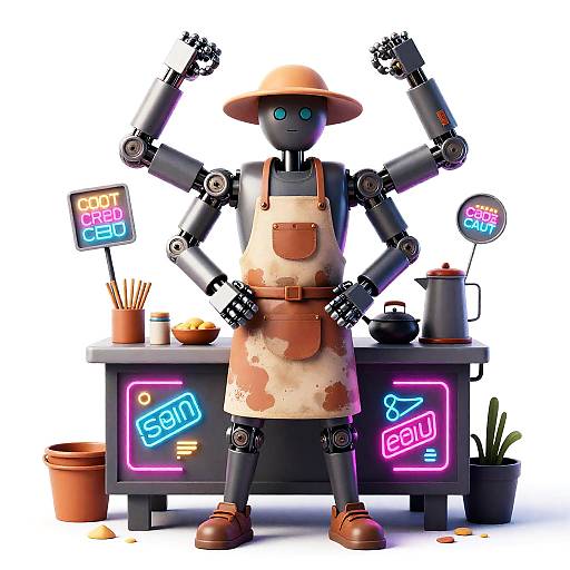 Cyborg Street Food Vendor with Mechanical Arms