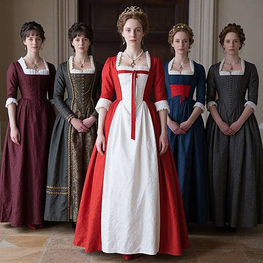 Photograph of five women in 18th-century dresses: central woman in red and white gown, others in dark dresses with gold accents, standing in