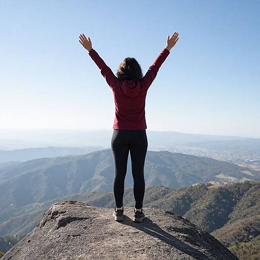Photograph of a woman with curly hair, wearing a red jacket and black pants, standing on a rocky mountain peak, arms raised, overlooking a vast